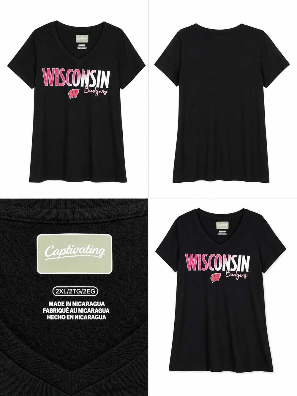 Captivating Wisconsin Badgers Women's Black V-Neck Short Sleeve Graphic T-Shirt